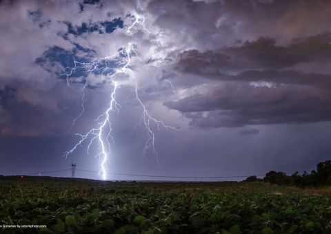 Ein greller Blitz durchzuckt den Nachthimmel über einem Feld, während dunkle Gewitterwolken darüber hinwegziehen.