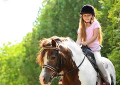 Kleines Mädchen reitet auf einem Pony in einem grünen Park