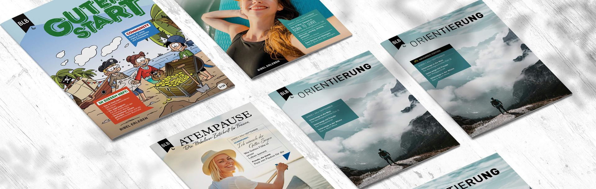Bild mit den Covern unserer Bibellesezeitschriften Guter Start, Pur, Atempause und Orientierung.